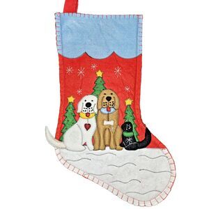 Adorable Dogs w/ Christmas Trees Stocking Embroidered Felt 17" (read)